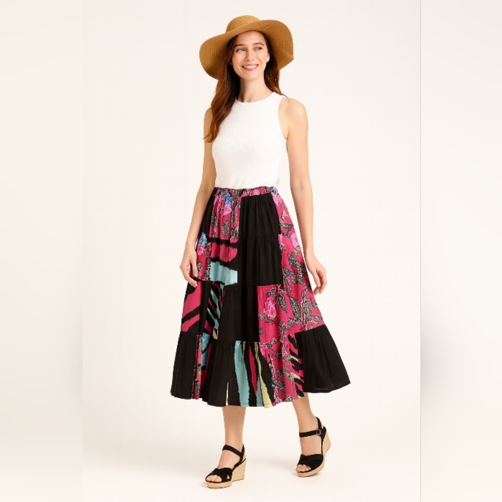 Bohemian Tiered Vibrant festival Vintage Skirt XL 100% Cotton Y2k Prairie